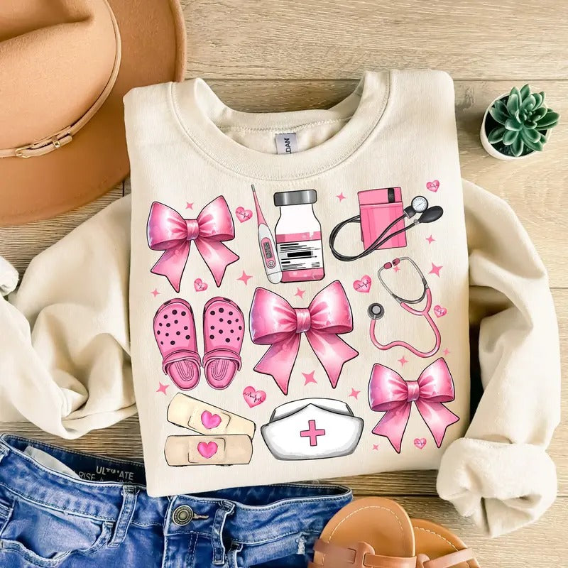 Nurse Coquette Bow Valentine's Day Shirt for Women - Cotton T-shirt - Fabric Hoodie, Sweatshirt | HypeCrazeTee.com