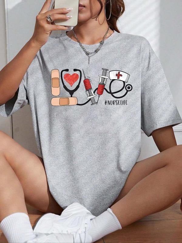 Nurse Life Print Round Neck Tee, Casual Short Sleeve T-shirt for Summer, Women's Top for Daily Wear Hoodie, Sweatshirt