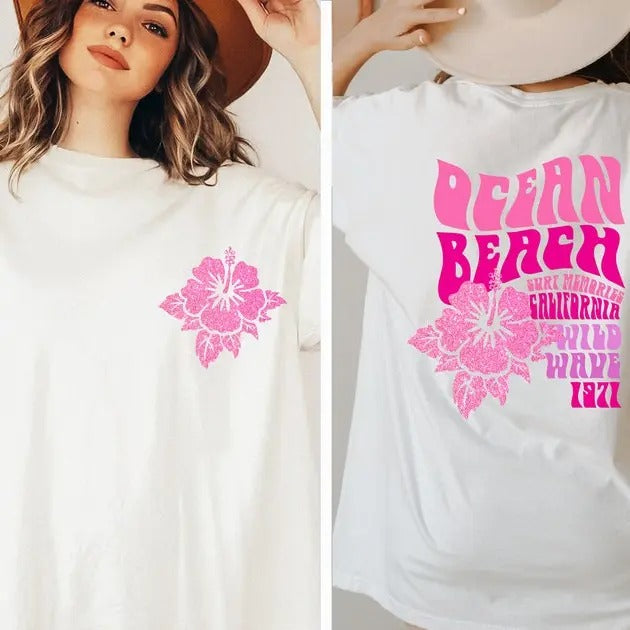 Ocean Beach Hoodie, Preppy Surf Memories California Sweatshirt, Trendy Embroidered T-Shirt For Surfer Girl | HypeCrazeTee.com