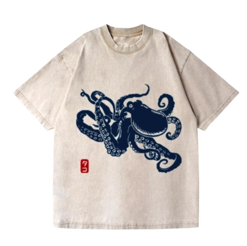Octopus Vintage Wash Japanese Design T-Shirt Comfort Streetwear Summer Crewneck Hoodie, Sweatshirt | HypeCrazeTee.com