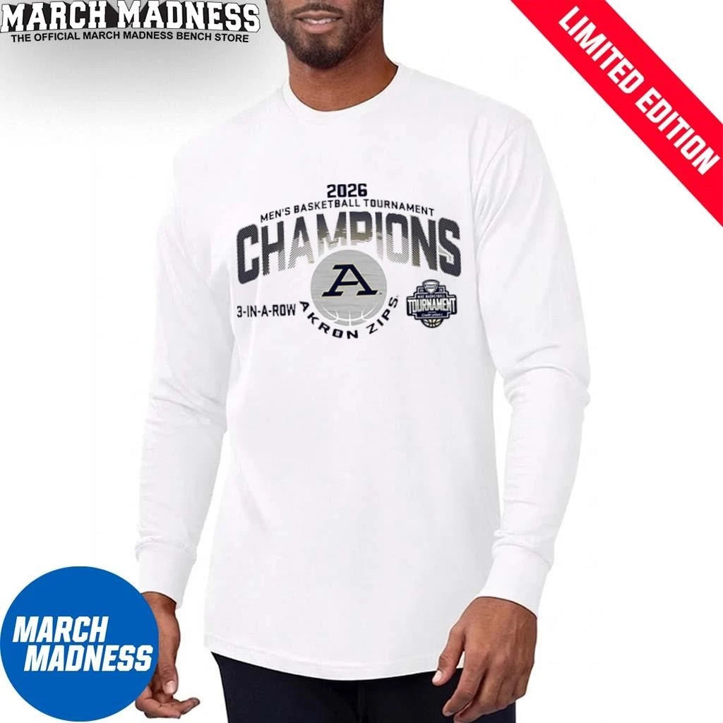 Official Akron Zips 2026 MAC Men’s Basketball Tournament Champions 3-In-A-Row T-Shirt