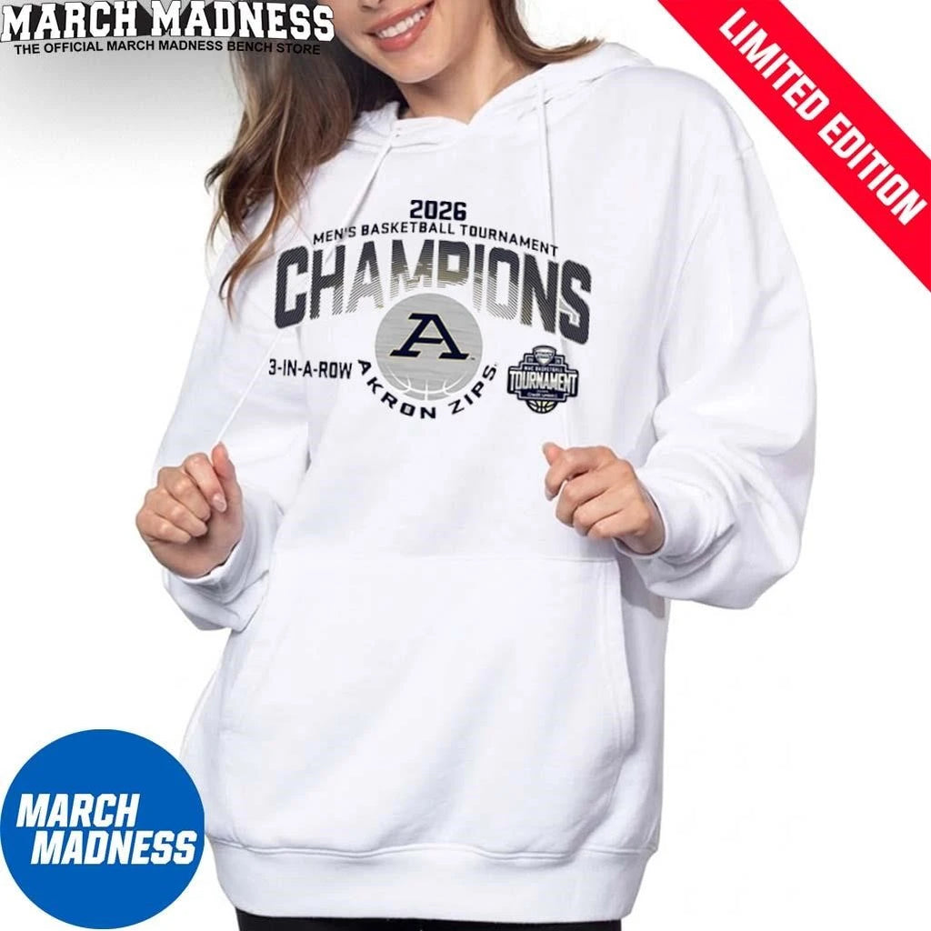 Official Akron Zips 2026 MAC Men’s Basketball Tournament Champions 3-In-A-Row T-Shirt