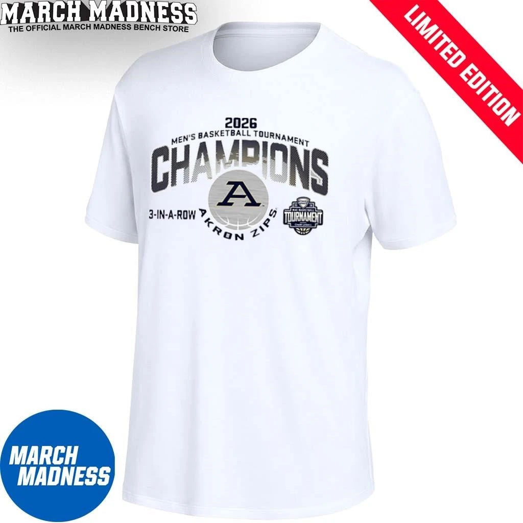 Official Akron Zips 2026 MAC Men’s Basketball Tournament Champions 3-In-A-Row T-Shirt
