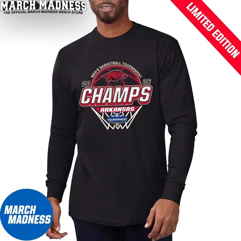 Official Arkansas Razorbacks 2026 SEC Men’s Basketball Tournament Champions Locker Room T-Shirt