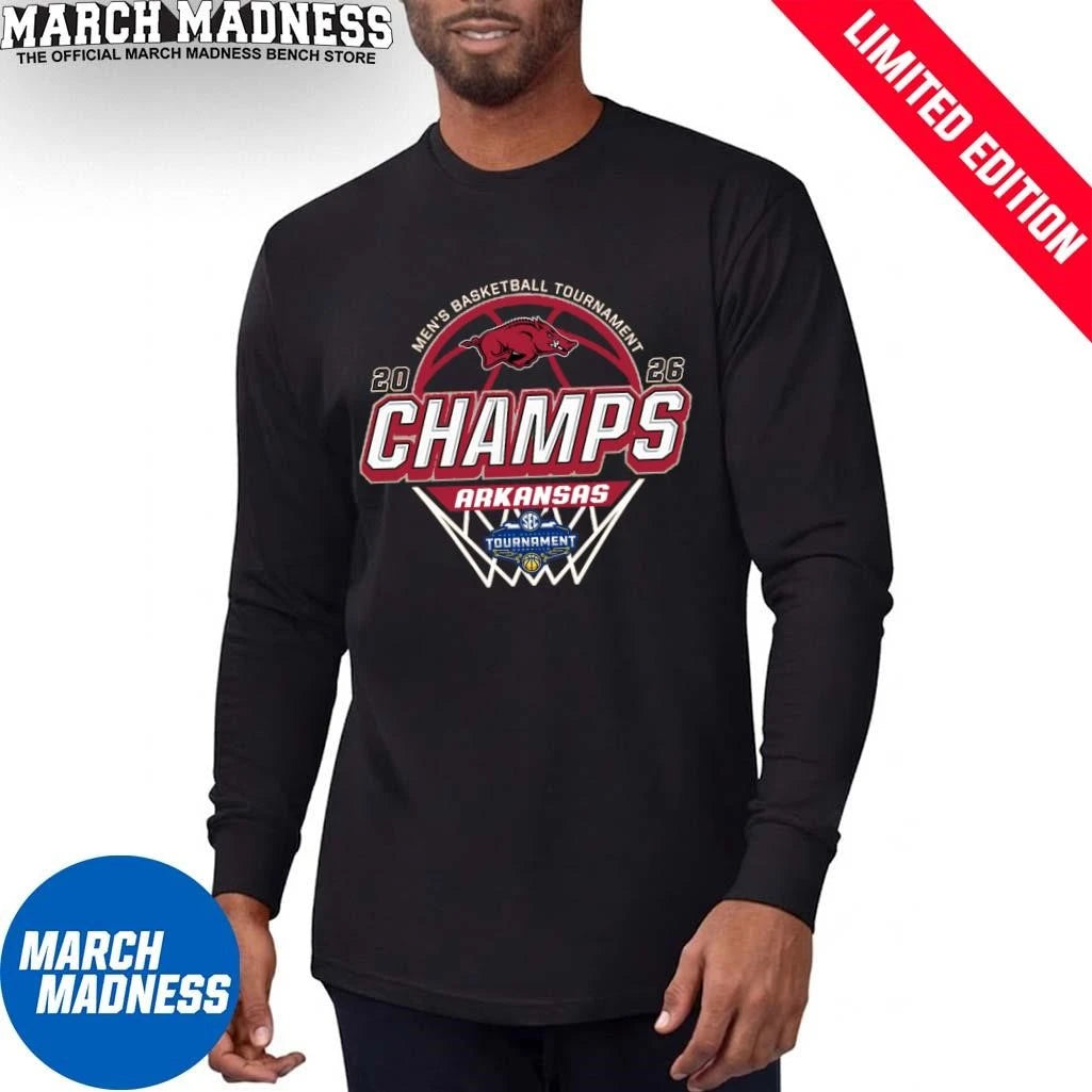 Official Arkansas Razorbacks 2026 SEC Men’s Basketball Tournament Champions Locker Room T-Shirt