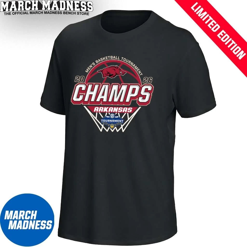 Official Arkansas Razorbacks 2026 SEC Men’s Basketball Tournament Champions Locker Room T-Shirt
