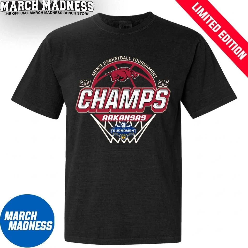 Official Arkansas Razorbacks 2026 SEC Men’s Basketball Tournament Champions Locker Room T-Shirt