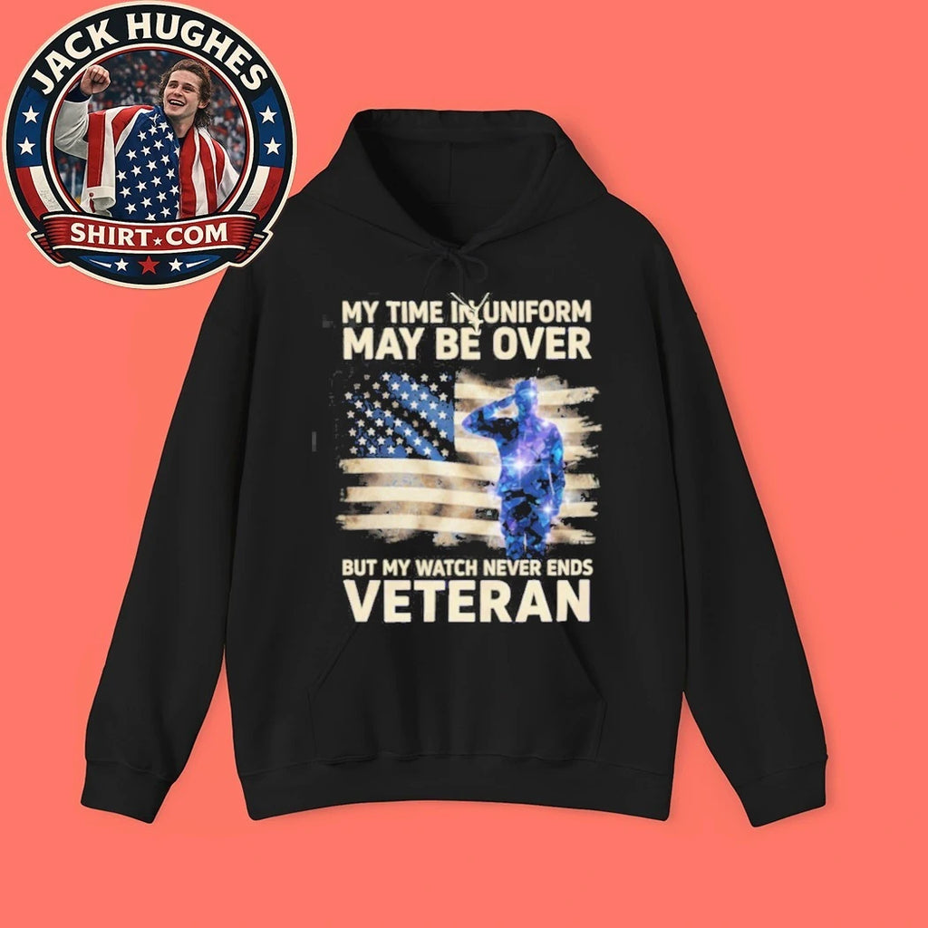Official My Watch Never Ends Veteran Saluting Soldier American Flag Shirt