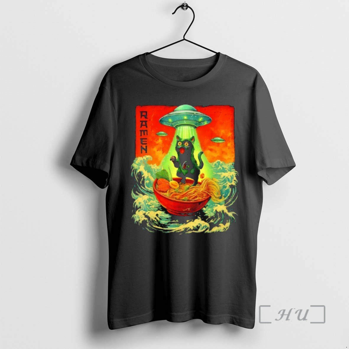 Officials Ufo Abducting Black Cat On Ramen Japanese Art T-Shirts, Hoodie, Sweatshirt | HypeCrazeTee.com