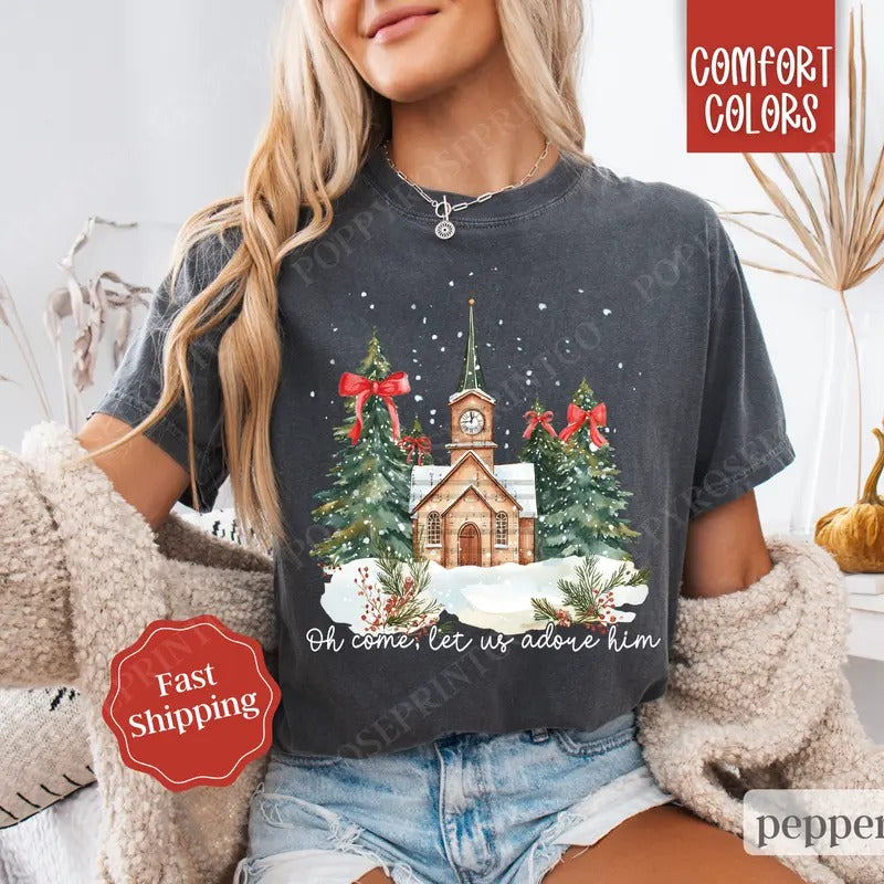 Oh Come Let Us Adore Him Shirt Comfort Colors, Christian Christmas Tshirt, Religious Holiday Tshirt, Women's Holiday Tee...