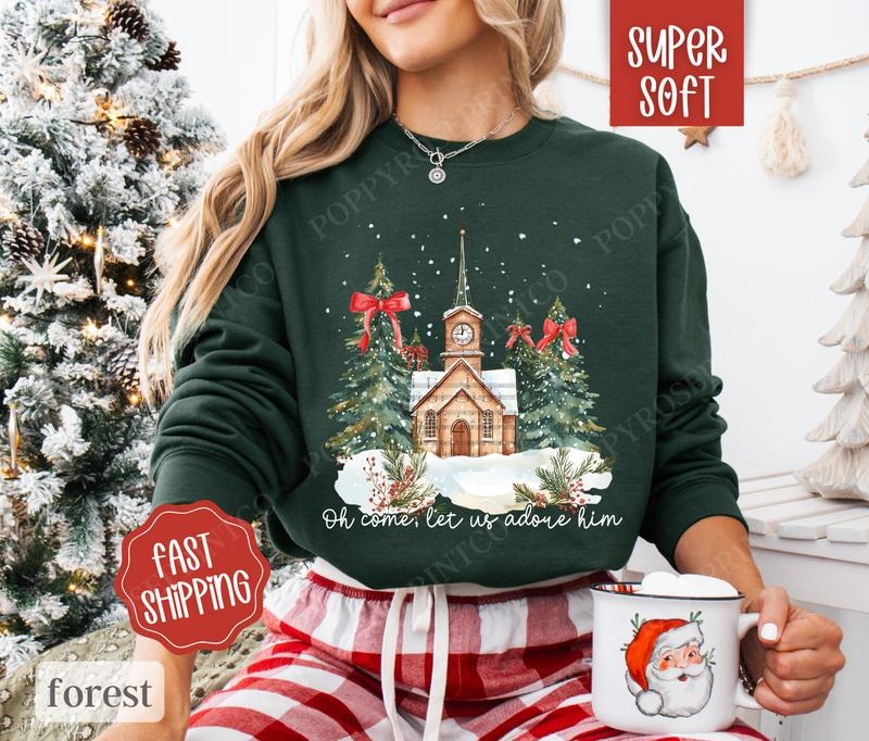 Oh Come Let Us Adore Him Sweatshirt, Christmas Sweater, Women's Holiday Crewneckstyle{n002}2 T-Shirts, Hoodie