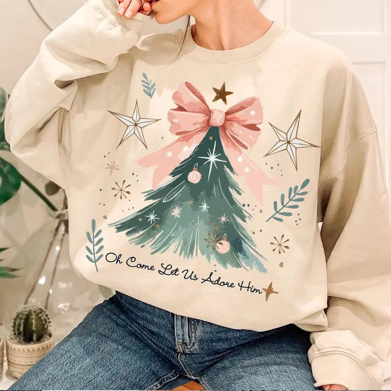 Oh Come Let Us Adore Him Coquette Bow Tree Shirt Jesus Christian Xmas Tree Bow Cotton T-Shirts, Hoodie, Sweatshirt