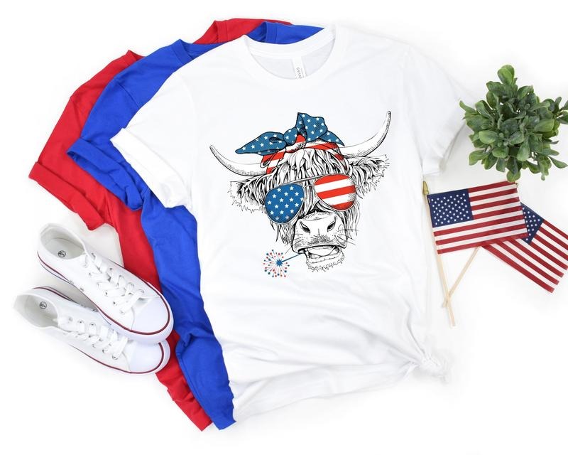 Oh My Stars Cow Shirt Highland Cow Shirt Highland Cow With 4th July American Flag Shirt Fourth Of July Tee Independence...