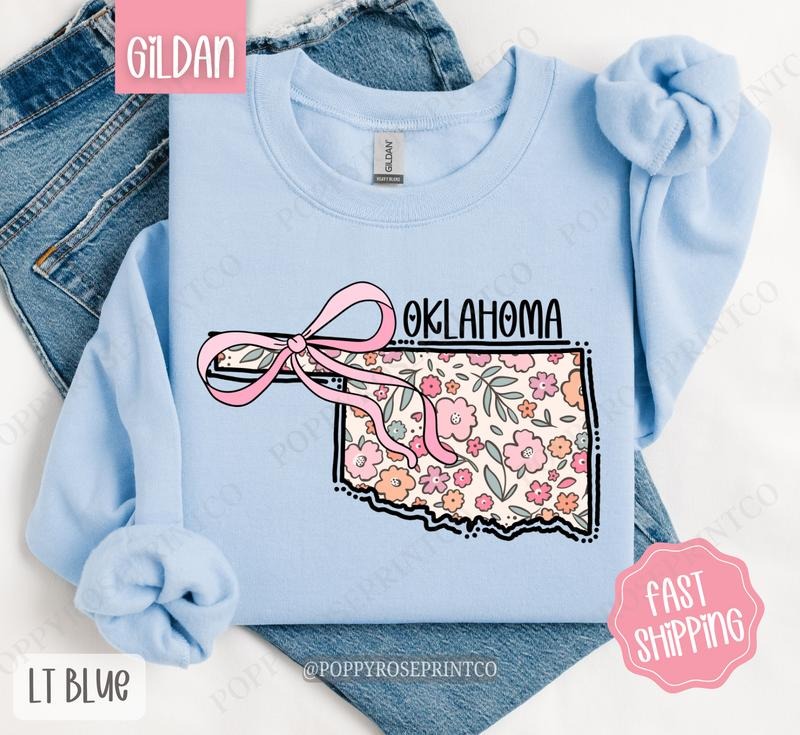 Oklahoma Floral Bow Gildan Sweatshirt, Cute Trendy State Coquette Pullover T-Shirts, Hoodie | HypeCrazeTee.com