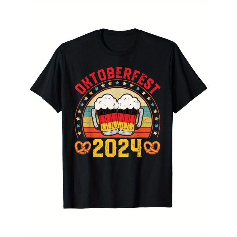 Oktoberfest 2024 Celebration T-Shirt, Adult Cotton Knit Fabric, Regular Fit Crew Neck, Short Sleeve, Geometric-Pattern...