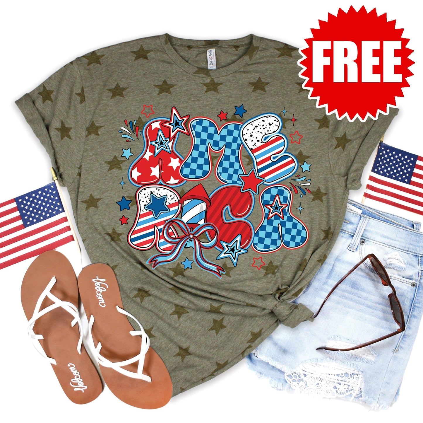 Retro America Tee - Olive Star Print - FREE