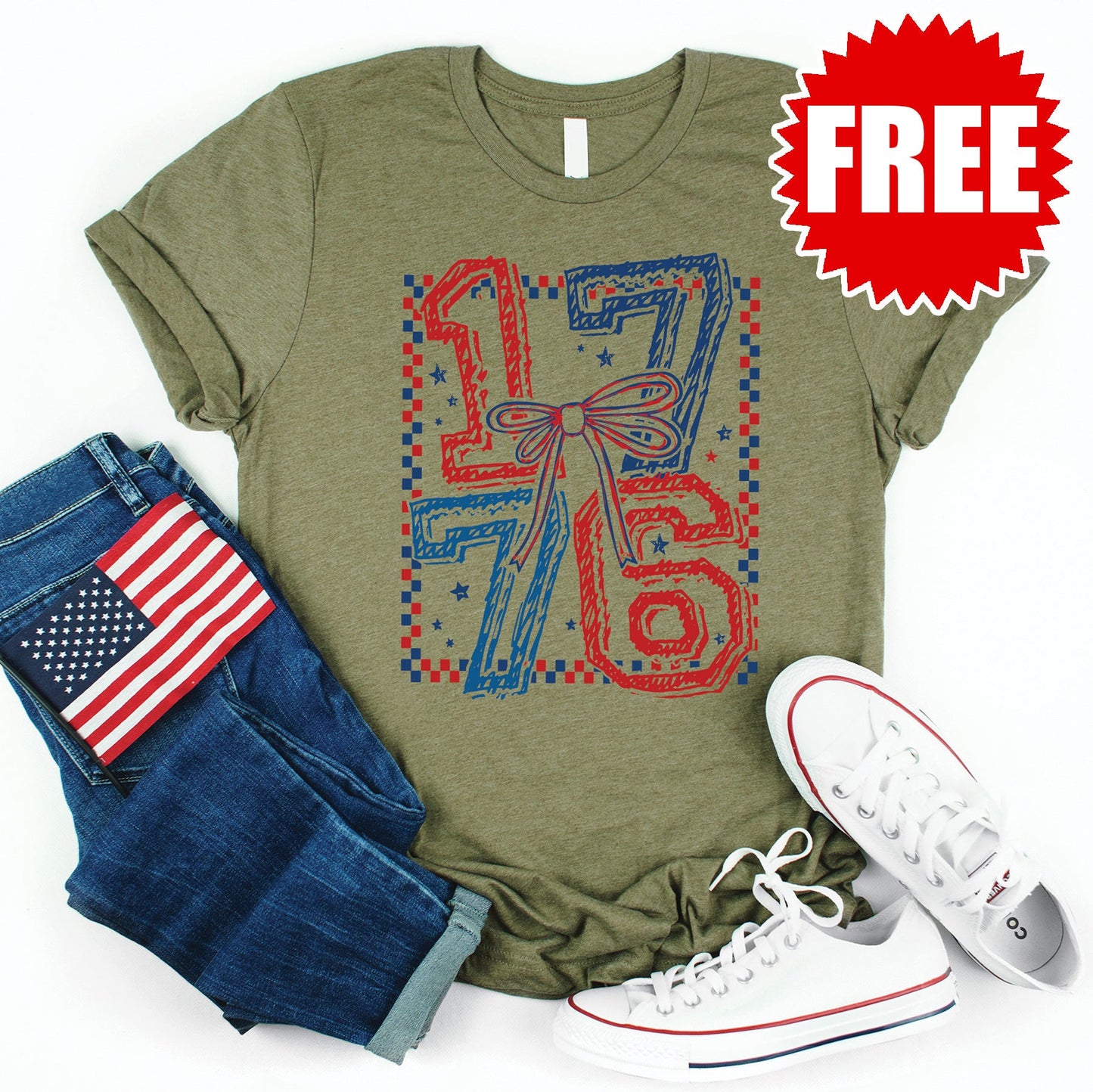 1776 Checker Tee - Heather Olive - FREE