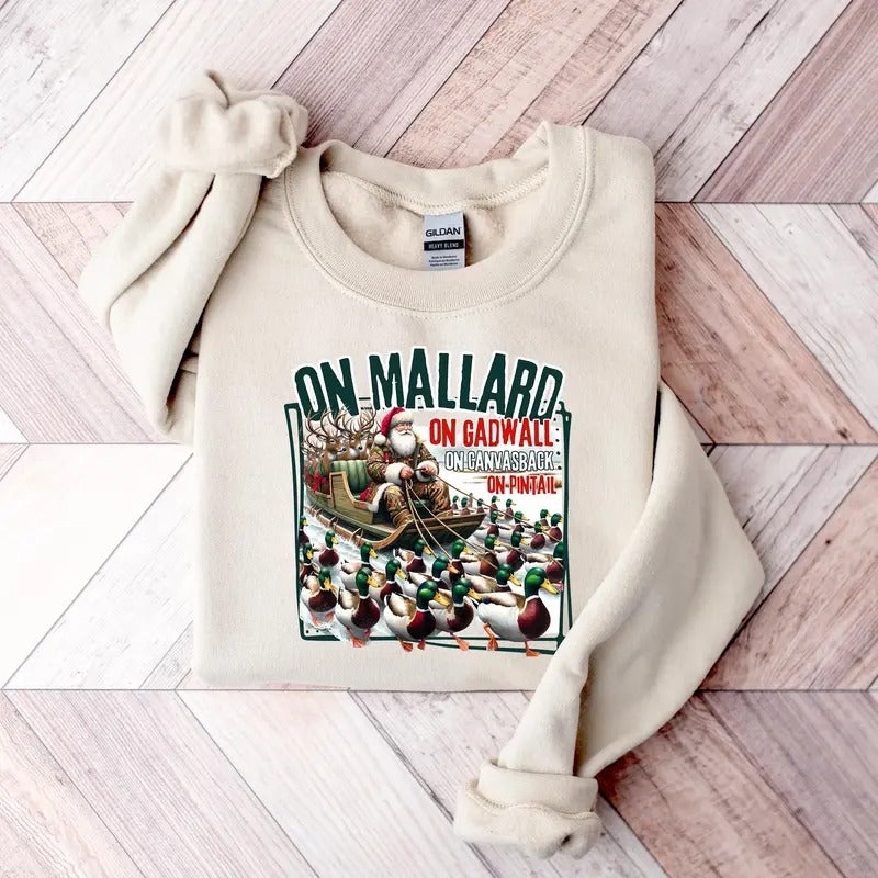 On Mallard On Gadwall Christmas Shirt, Funny Duck Hunting Santa Design, Outdoor Waterfowl Hunting Top, Sportsman...