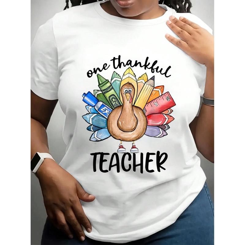 One Thankful Teacher Shirt Funny Turkey Design Thanksgiving Teacher Gift Casual Fit Black Short Sleeve 100% Cotton Tops...