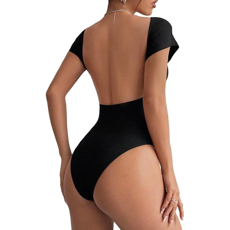 Open Back Basic T Shirt Cap Short Sleeve Crew Neck Bodycon Bodysuit Tops Hoodie, Sweatshirt | HypeCrazeTee.com