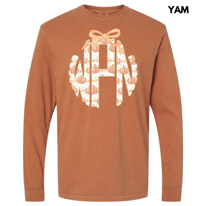 Orange Pumpkin Monogram Long Sleeve Comfort Colors T-Shirt 'NLB' Hoodie, Sweatshirt | HypeCrazeTee.com