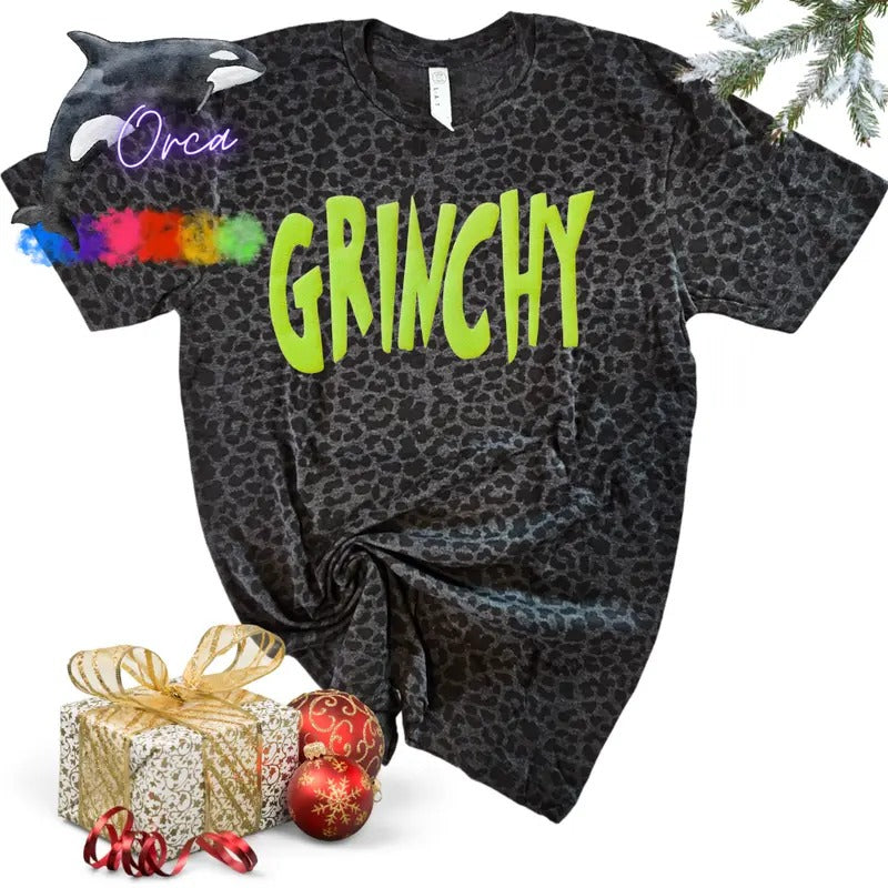 Orca Glitter Puff GRINCHY Black Leopard Unisex T-shirt ~ Christmas ~ Women Apparel Hoodie, Sweatshirt | HypeCrazeTee.com