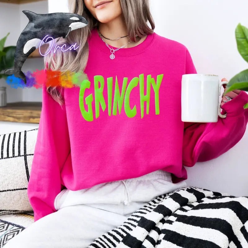 Orca ~ GRINCHY Unisex Sweatshirts with Lime Green Glitter Puff ~ Small - 4XL Christmas Crewneck Casual Womenwear...
