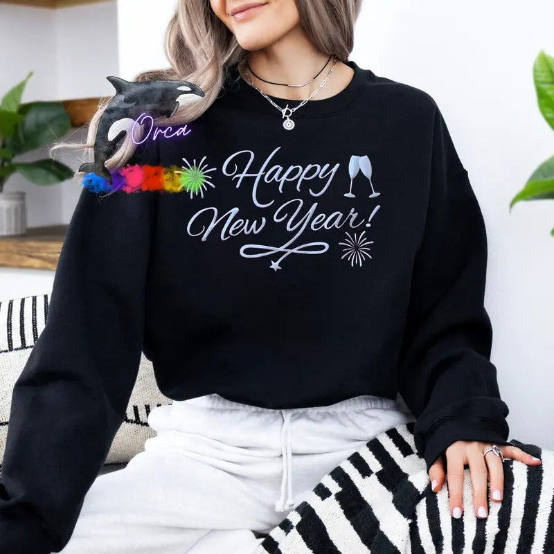 Orca ~ HAPPY NEW YEAR Unisex Sweatshirts with Silver Puff ~ Small - 4XL Crewneck Casual Womenswear T-Shirts, Hoodie