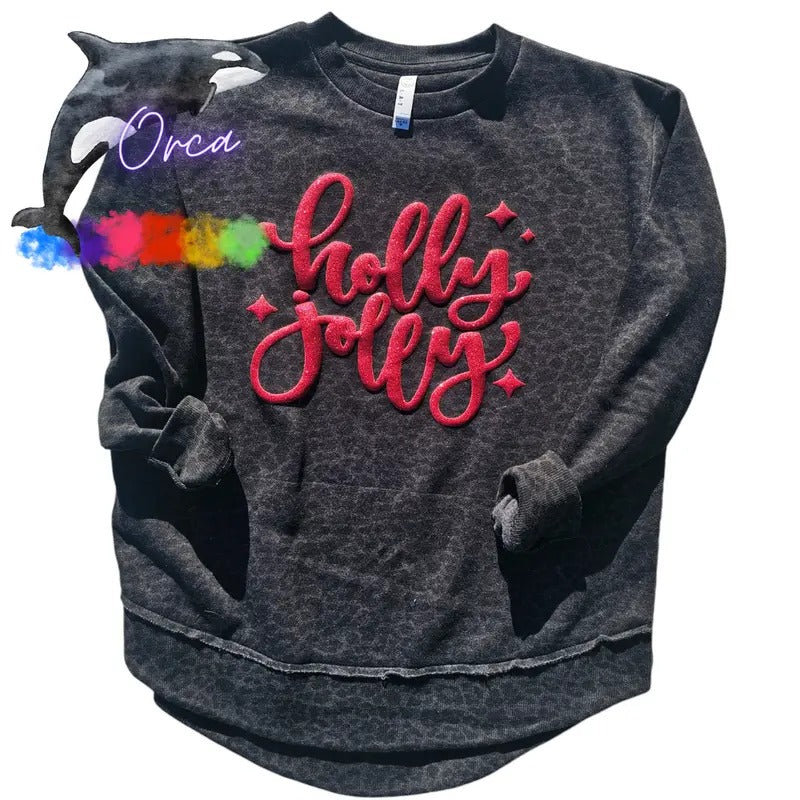 Orca ~ HOLLY JOLLY Red Glitter Puff Women Sweatshirts ~ Small - 2XL Christmas Crewneck Casual Womenswear T-Shirts, Hoodie