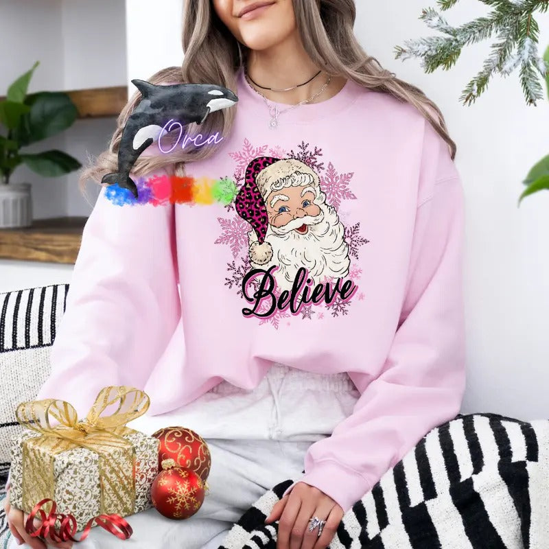 Orca ~ SANTA BELIEVE Unisex Sweatshirts ~ Small - 4XL Christmas Crewneck Casual Womenswear T-Shirts, Hoodie