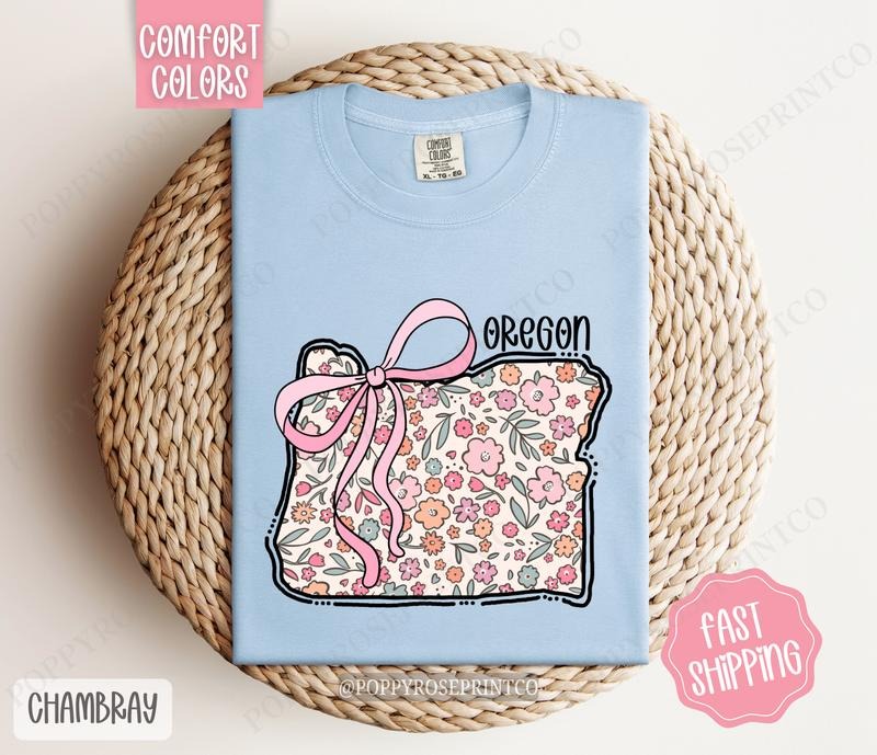 Oregon Floral Bow Comfort Colors Cute State Coquette Top T-Shirts, Hoodie, Sweatshirt