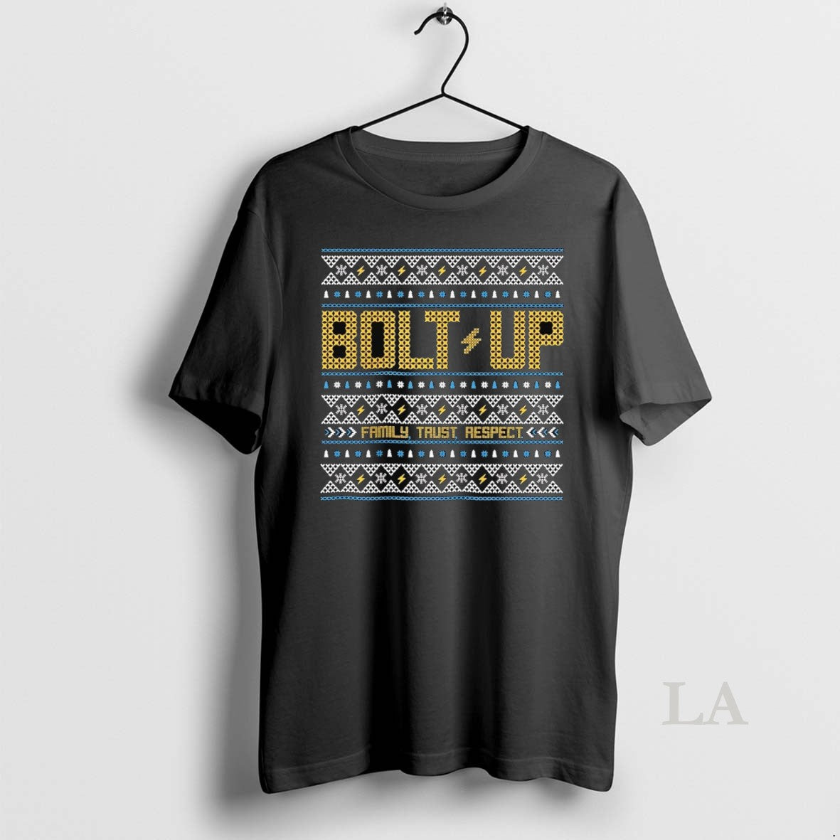 Original Los Angeles Chargers Bolt Up Family Trust Respect Ugly Christmas T-Shirts, Hoodie, Sweatshirt | HypeCrazeTee.com