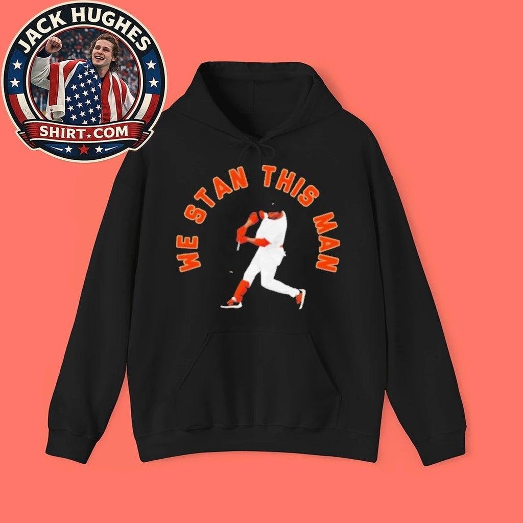 Original We Stan This Man Baseball Player Silhouette Orange Text Shirt