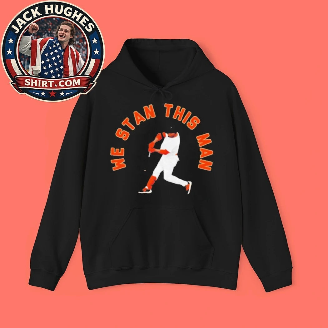 Original We Stan This Man Baseball Player Silhouette Orange Text Shirt