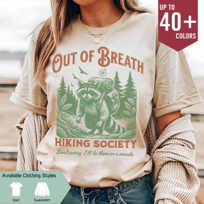 Out of Breath Hiking Society Shirt, Funny Raccoon Tee, Trash Panda Shirt, Retro Hiking T-shirt, Nature Lover Apparel, Y2K...