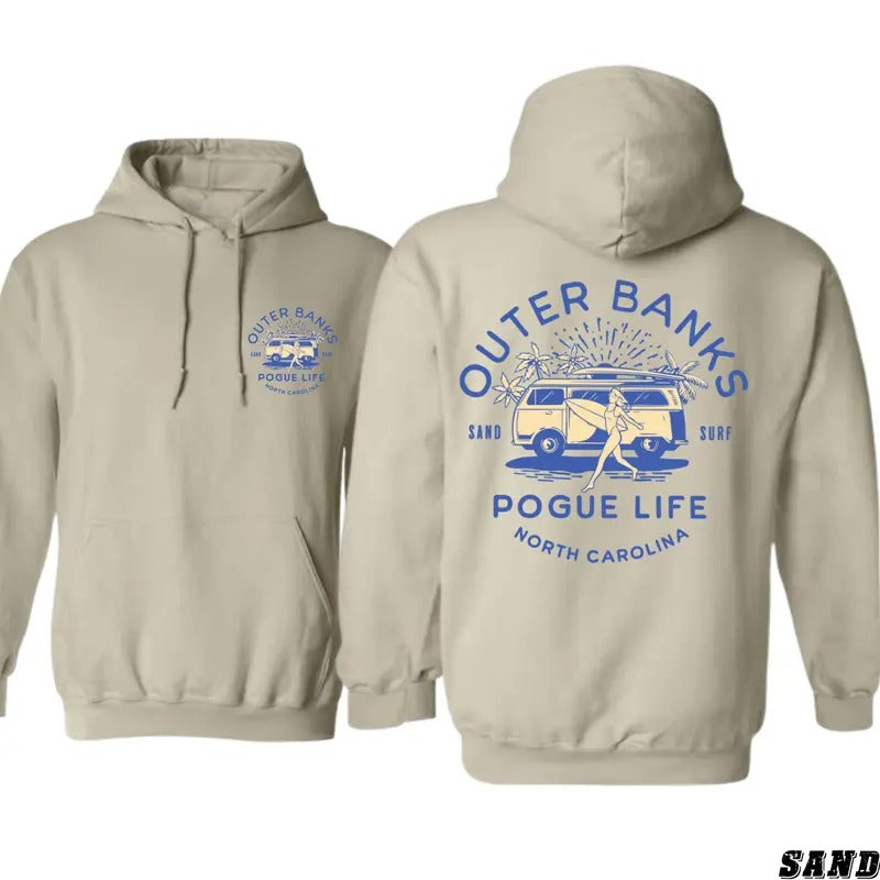 Outer Banks Unisex Hoodie with Surf Van and Beach Life Design - shop tiktok store, Tops, Sweatshirts T-Shirts
