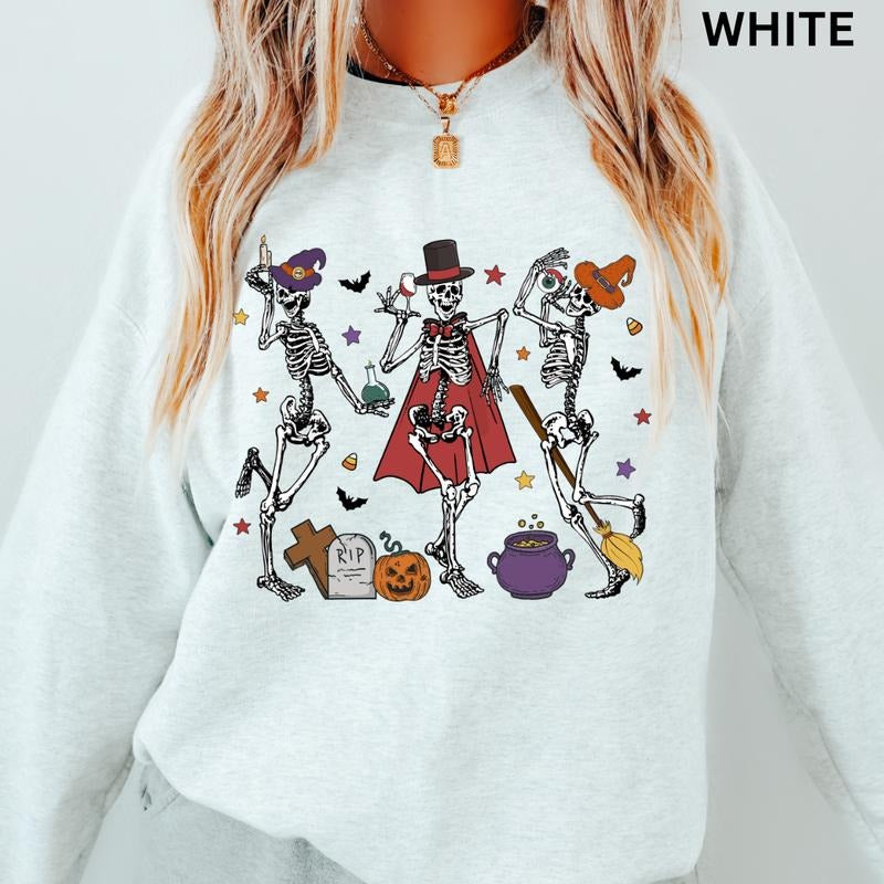 Oversized Halloween Crewneck Sweatshirt, Spooky Season Sweatshirt, Fright Night Skeleton Crewneck, Casual Cotton Soft...