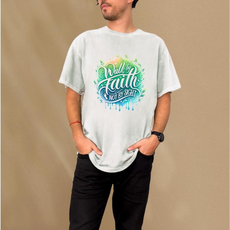 Oversized Men's T - Shirt with "Walk by Faith Not by Sight" Inspirational Slogan in Vivid Drip