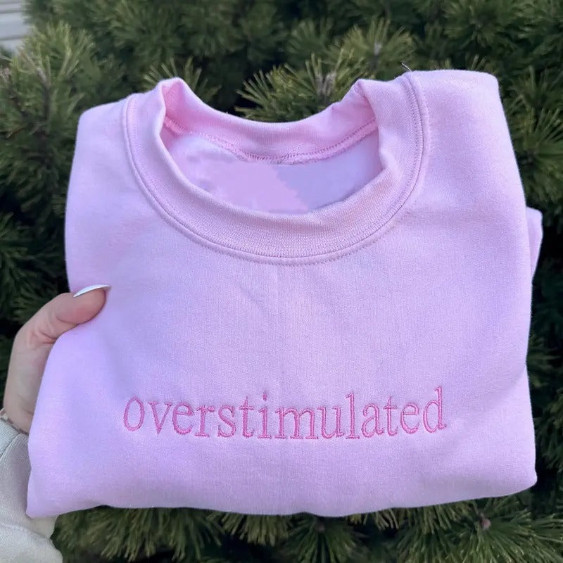 Overstimulated Mama Sweatshirt - Sarcastic Embroidered Long Sleeve Casual Crewneck Pullover for Women T-Shirts, Hoodie
