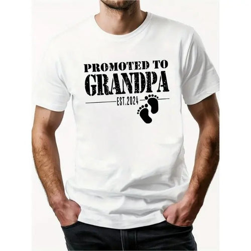 "PROMOTED TO GRANDPA" letter printed men's round neck short sleeve cotton T-shirt, comfortable and breathable, casual...