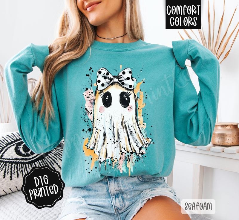 Painted Ghost Long Sleeve TShirt, Trendy Women's Halloween Tee Hoodie, Sweatshirt | HypeCrazeTee.com