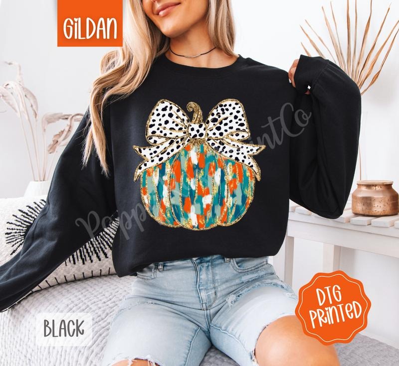 Painted Pumpkin Sweatshirt, Trendy Coquette Fall Crewneck T-Shirts, Hoodie | HypeCrazeTee.com