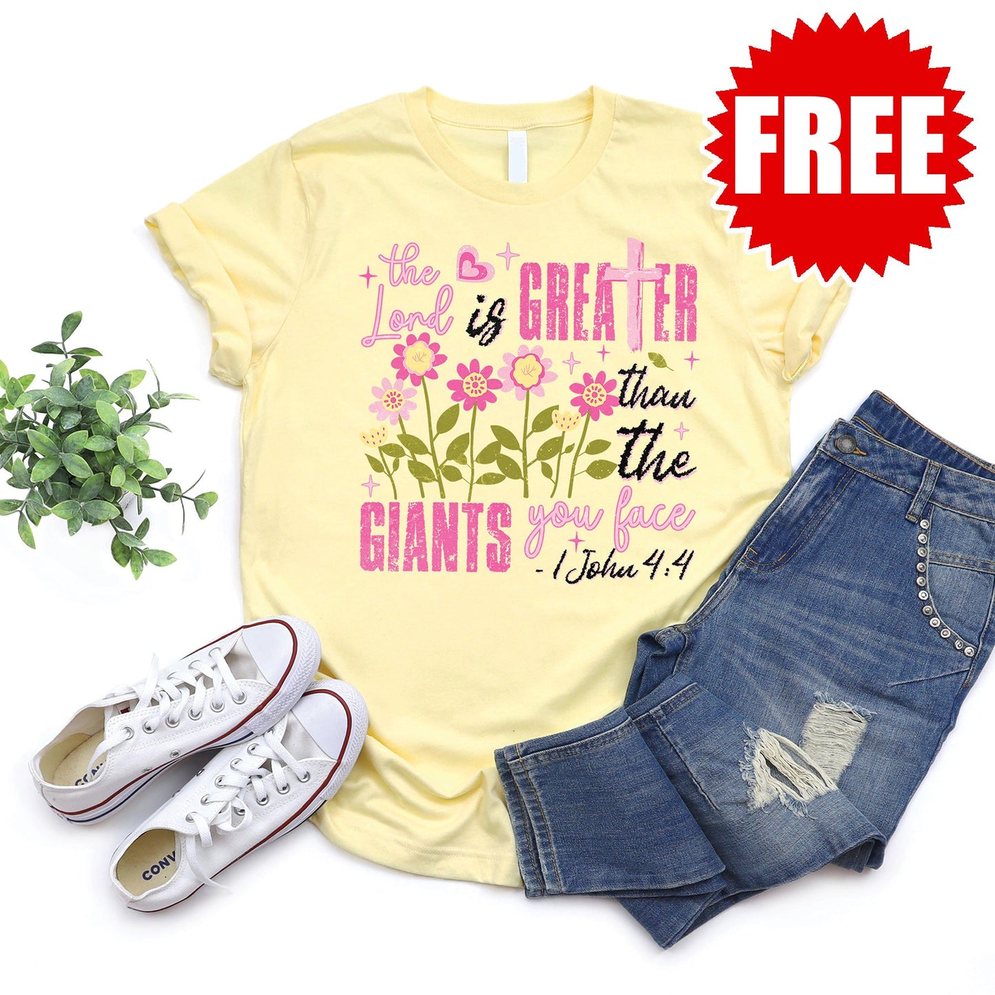 Greater Than The Giants Tee - Heather Pale Yellow - 0
