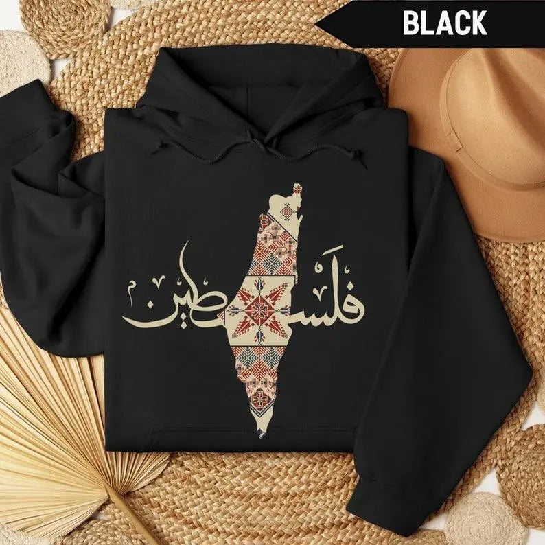 Palestine Traditional Hoodie with Arabic Calligraphy and Map Pattern, Unisex, Long Sleeve, Cotton Shirt Tops Sweatshirt