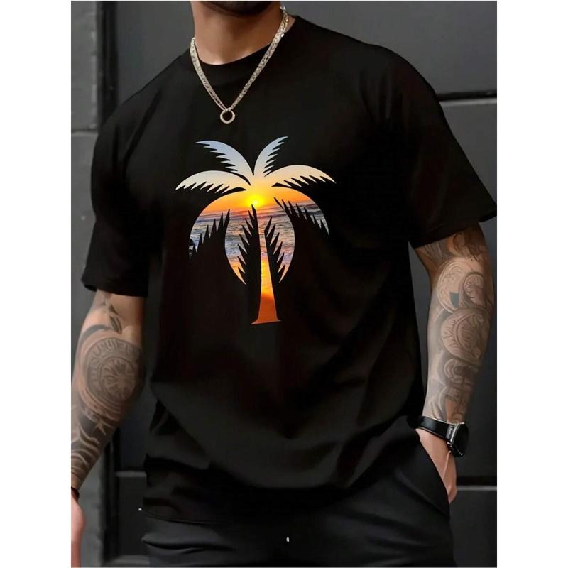 Palm Tree Silhouette T - shirt with Sunset Ocean Scene Print, Casual Short