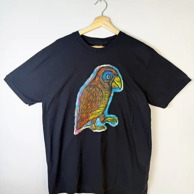 Parrot Hand printed Woodcut Appliqued T Shirt Cotton Menswear apparel graphic  tees Casual Tshirt Hoodie, Sweatshirt