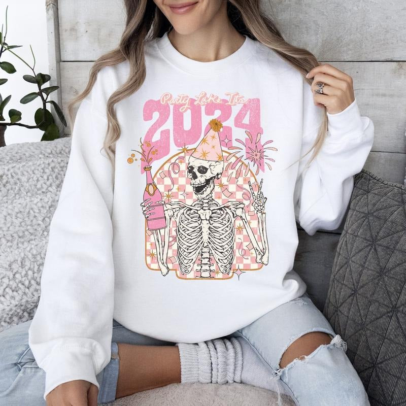 Party Like It's 2024, Skeleton, New Year's, Sweatshirt T-Shirts, Hoodie | HypeCrazeTee.com