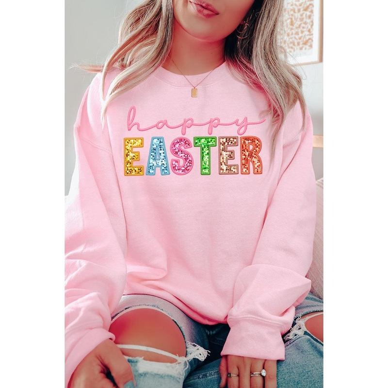 Pastel Faux Embroidery Happy Easter Transfer Heavy-weight Crew Sweatshirt T-Shirts, Hoodie | HypeCrazeTee.com