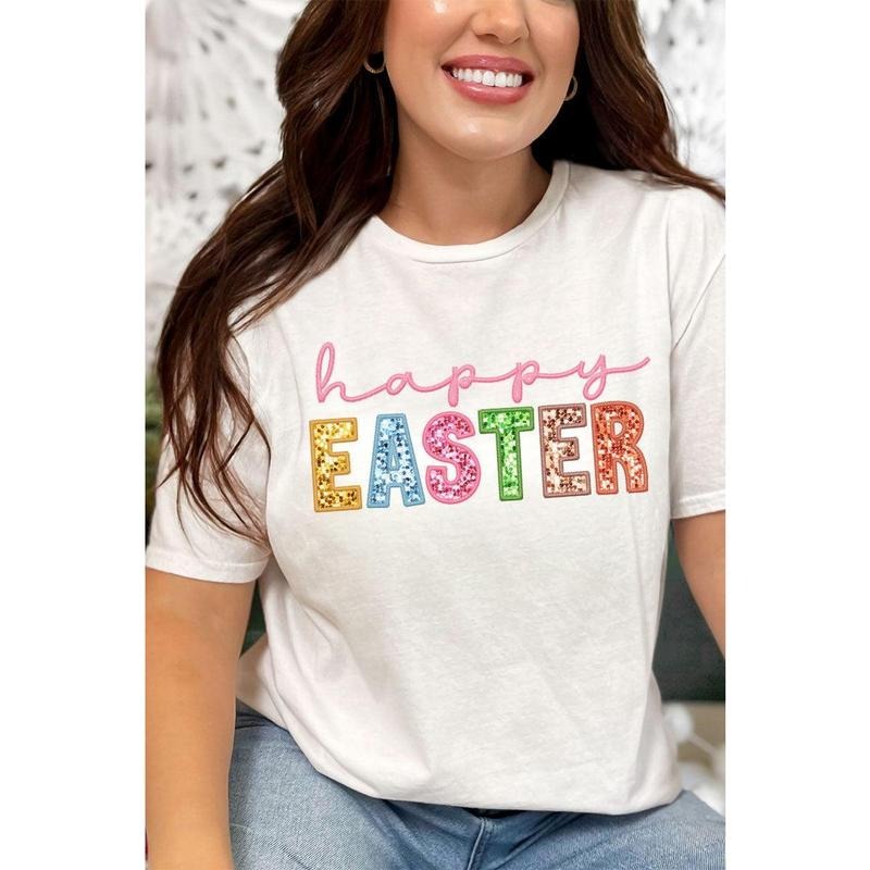 Pastel Faux Embroidery Happy Easter Transfer Short Sleeve Relaxed Fit T-Shirt Hoodie, Sweatshirt | HypeCrazeTee.com