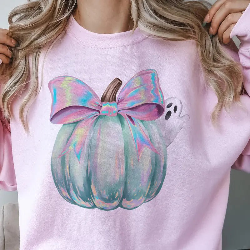 Pastel Pumpkin Sweatshirt Pastel Pumpkin and Ghost Pullover Coquette Pumpkin and Ghost Sweatshirt Halloween Girly Pumpkin...